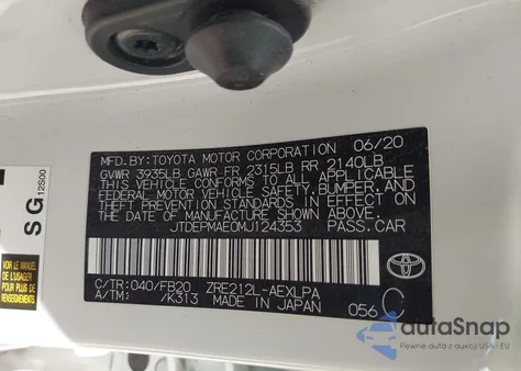 2021 Toyota Corolla Le из США, поврежденный, VIN JTDEPMAE0MJ124353